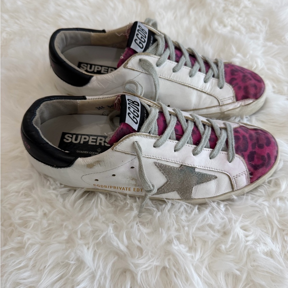 Golden Goose White and Pink Leopard Athletic Shoes